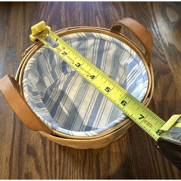 Longaberger Round Basket 1994 With Leather Handles Blue White Fabric Liner 6” - Picture 8 of 9